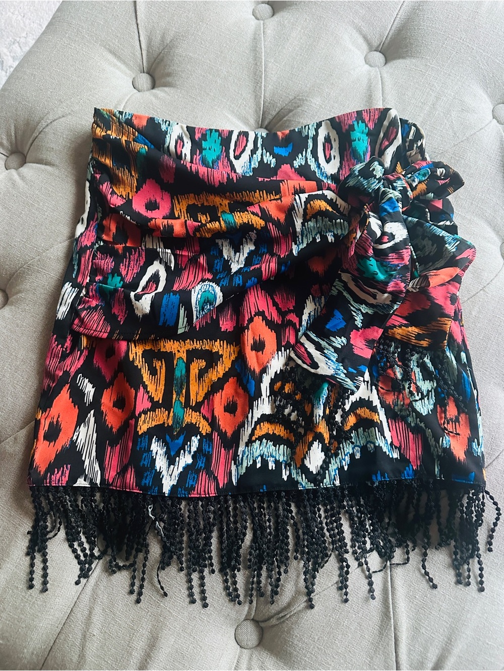 Multicolor Printed Beaded Fringe Mini Skirt